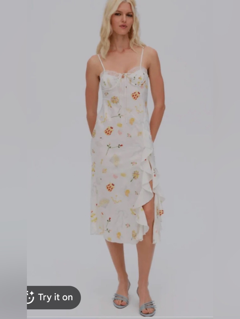 For Love & Lemons White Floral Ruffle Slip Midi Dress